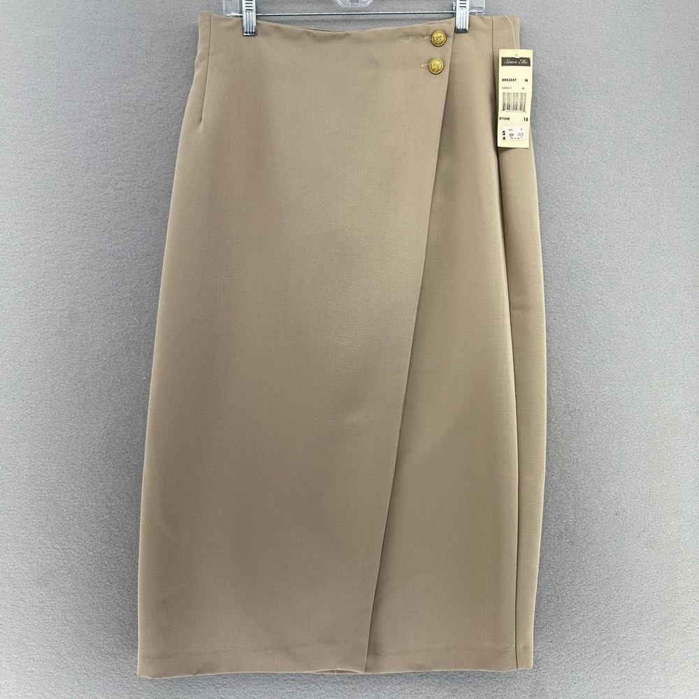 VTG Simon Ellis Beige Wrap Midi Skirt DEADSTOCK 18 Gold Knot Button USA Career